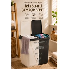 Porsima 0047 90 Litre Çift Gözlü Etiketli Çamaşır Sepeti Siyah Beyaz-İki Bölmeli Kirli Sepeti