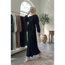 Maşuka Bürümcük Kumaş Bel Büzgülü Peplum Üst ve Maksi Etekli Şık ve Rahat Tesettür Ikili Takım