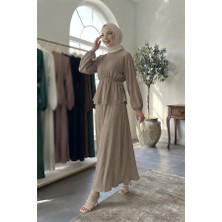 Maşuka Bürümcük Kumaş Bel Büzgülü Peplum Üst ve Maksi Etekli Şık ve Rahat Tesettür Ikili Takım