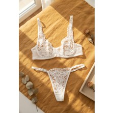 Maizen Beyaz Çiçekli Bralet Sütyen Takımı Tanga Külotlu Kadın Iç Çamaşırı Seti R1010505
