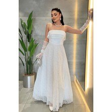 Giyimmasalı Dantel Kumaş Straplez Elbise - Beyaz
