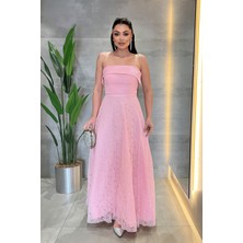Giyimmasalı Dantel Kumaş Straplez Elbise - Pembe