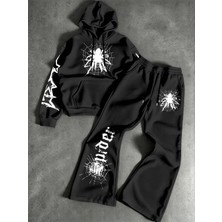 Macklin Unisex Kadın Erkek Spider Baskılı Oversize 3 Iplik Kapüşonlu Hoodie ve Baggy Eşofman Altı