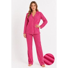 Fames Kadın Süet Mevsimlik Uzun Kol Pembe Pembe Çizgi Desen Pijama Takımı