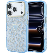 iPhone 18 Pro Kılıf Guess Lisanslı M-Safe Özellikli Üçgen Logolu Simli Leopar Desenli Kapak Mavi