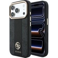 iPhone 18 Pro Kılıf Guess Orjinal Lisanslı M-Safeli Deri 4g Desenli Şeritli Yazı Logolu Kapak Siyah