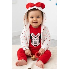 Milays Minnie Mouse Zıbınlı Kalpli Kapşonlu Hırkalı 3'lü Kız Bebek TAKIM.%100 Pamuk