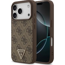 iPhone 18 Pro Kılıf Guess Lisanslı M-Safeli Taşlı Üçgen Logo 4g Desenli Strass Kapak Kahverengi