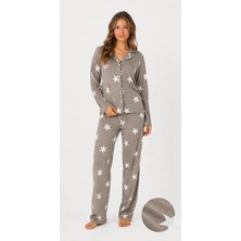 Fames Kadın Süet Mevsimlik Uzun Kol Bej Yıldız Çizgi Desen Pijama Takımı
