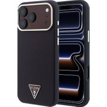 iPhone 18 Pro Kılıf Guess Lisanslı M-Safeli Pu Metal Üçgen Logolu Karbon Fiber Kevlar Kapak Bordo