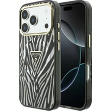 iPhone 18 Pro Kılıf Guess Orjinal Lisanslı M-Safeli Üçgen Logolu Zebra Desenli Silikon Kapak Gümüş