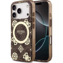 iPhone 18 Pro Max Kılıf Guess Lisanslı M-Safeli Iml Peony ve 4g Desenli Klasik Logolu Kahverengi