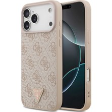 iPhone 18 Pro Max Kılıf Guess Lisanslı M-Safeli Taşlı Üçgen Logo 4g Desenli Strass Kapak Pembe