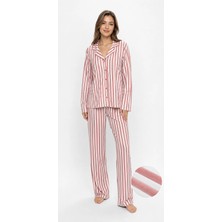 Fames Kadın Süet Mevsimlik Uzun Kol Pudra Pembe Çizgi Desen Pijama Takımı
