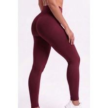 Womenmade Kadın Vişne Bordo Renk Push Up Toparlayıcı Yüksek Bel Dikişsiz (Seamless) Spor Taytı