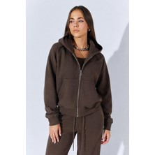 Tena Kadın Kahve Kapşonlu Fermuarlı Kanguru Cepli Sweatshirt