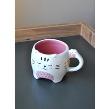 Qualitev 1 Adet Pembe Beyaz Kupa Mug 300 ml Kedi Figürlü Kahve Çay Kupası Hediyelik