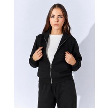 Tena Kadın Siyah Kapşonlu Fermuarlı Kanguru Cepli Sweatshirt