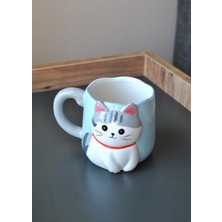 Qualitev 1 Adet Mavi Beyaz Kupa Mug 450 ml Mavili Kedi Figürlü Kahve Çay Kupası Hediyelik