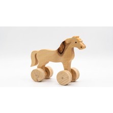Woodifay Atölye Woodify Doğal Masif Ahşap Tekerlekli At Oyuncak / Montessori Eğitici Oyuncak