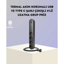 Uslucan Alışveriş Akım Korumalı Çoklu Priz 4’lü 2 USB 1 Type-C 2500W Güçlü Tasarım