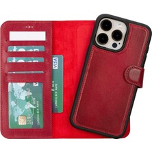 BloominBag Bloomcase Apple iPhone 15 Pro Max (6.7") Cherry Red Hakiki Deri Çıkarılabilir Cüzdanlı Telefon Kılıfı