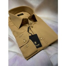 Chamis Slimfit Camel Pamuk Saten Klasik Yaka Gömlek