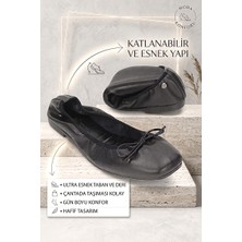 Lady Sunna Uliana Kadın Köşeli Burun Fiyonklu Esnek Taban Katlanabilir Siyah Babet Ayakkabı