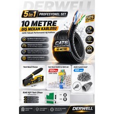 Derwell 5in1 Profesyonel Set; 10 Metre Dış Mekan Uyumlu Cat6 Internet Kablosu, Yeni Nesil RJ45/RJ11 Sıkma Pensesi, 100 Adet Delikli Ez Konnektör, 100 Adet Kılıf ve Test Cihazı Içeren Tam Ağ Kurulum Paketidir.