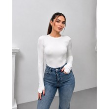 Msm Fashion Kadın Body Uzun Kollu Bisiklet Yaka Oyşo Kumaş Parmak Geçirme Detaylı Slim Fit Düz Bluz