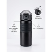 Adalinhome Premium 304 Paslanmaz Çelik Kilit Mekanizmalı Pipetli Termos Matara 450 ml - Ergonomik Silikon Kavrama