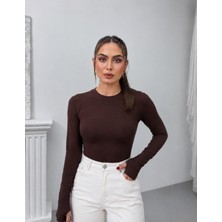 Msm Fashion Kadın Body Uzun Kollu Bisiklet Yaka Oyşo Kumaş Parmak Geçirme Detaylı Slim Fit Düz Bluz