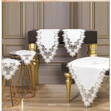 Ceki Home Samina Model Krem-Krem 5 Parça Dantelli Keten Masa Örtüsü Runner Seti Salon Takımı