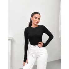 Msm Fashion Kadın Body Uzun Kollu Bisiklet Yaka Oyşo Kumaş Parmak Geçirme Detaylı Slim Fit Düz Bluz