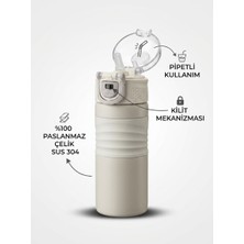 Adalinhome Premium 304 Paslanmaz Çelik Kilit Mekanizmalı Pipetli Termos Matara 450 ml - Ergonomik Silikon Kavrama