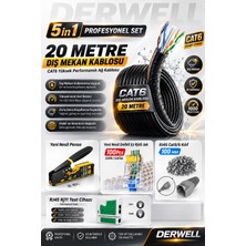 Derwell 5in1 Profesyonel Set; 20 Metre Dış Mekan Uyumlu Cat6 Internet Kablosu, Yeni Nesil RJ45/RJ11 Sıkma Pensesi, 100 Adet Delikli Ez Konnektör, 100 Adet Kılıf ve Test Cihazı Içeren Tam Ağ Kurulum Paketidir.