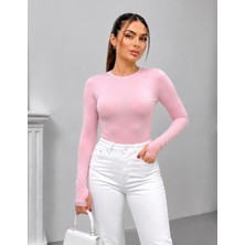 Msm Fashion Kadın Body Uzun Kollu Bisiklet Yaka Oyşo Kumaş Parmak Geçirme Detaylı Slim Fit Düz Bluz