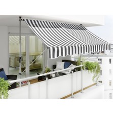 Stratecht Teleskopik Polyester Balkon, Teras, Tentesi 300 x 130 cm Ayarlanabilir Gri-Beyaz Çizgili Güneşlik Gölgelik