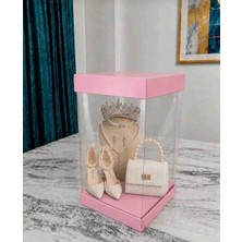Rass Asetat Gelin Çeyiz Bohça Kutusu Toz Pembe Şeffaf Katlanabilir Demonte Büyük Boy 23,5*23,5*40CM 1 Adet
