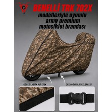 Motokit Benelli Trk 702X Army Premium Kamuflaj Desenli Suya ve Güneş Işınlarına Dayanıklı Motosiklet Brandası