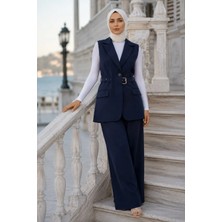 Hafsa Mina Kemerli Yelekli Takım Lacivert HM2749