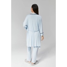 %100 Pamuklu Sabahlıklı Biye Geçişli Lohusa Pijama Takımı