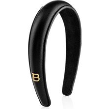 Balmain Leather Puffed Headband With Gold Plated Logo Siyah Deri Kadın Taç