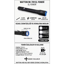 Watton WT-709 Lm Zoom Özellikli Kemere Takılabilir 2xaa Pil ile Çalışan Kompakt El Feneri