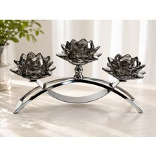 Belis Muhtelif 3 Kollu Kristal Cam Köprü Füme Gümüş Renk Şamdan (40CM Uzunluk / 17CM Yükseklik)