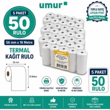 Umur 56X16 Yazarkasa Termal Pos Rulo Kasa Fiş Kağıdı 5'li Paket 50 Rulo