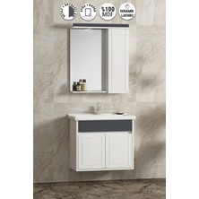 Özceden Çuha 55 cm Beyaz-Antrasit Gri Mat Mdf PK-109 Balon Kapak Seramik Lavabolu Asma Banyo Dolabı Takımı