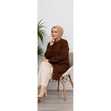 SFG Life Moda Kadın Sakallı Triko Hırka Önü Düğmeli Oversize Uzun Kollu Diz Boyu Örme Hırka