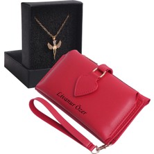 Özka Leather Kişiye Özel Kırmızı Renk Maça Model Cüzdan & Elmasbaş Kolye Set - Anahtarlık Hediyeli!