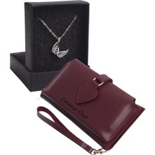 Özka Leather Kişiye Özel Bordo Renk Maça Model Cüzdan & Melek Kanatlar Kolye Set - Anahtarlık Hediyeli!